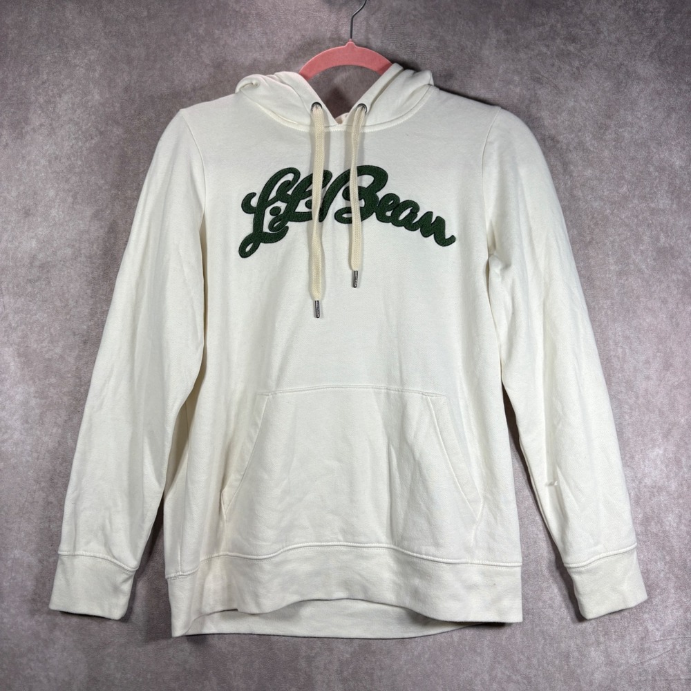 LL Bean Hoodie Womens Small White Script Logo Pullover Fleece Lined Active Gym